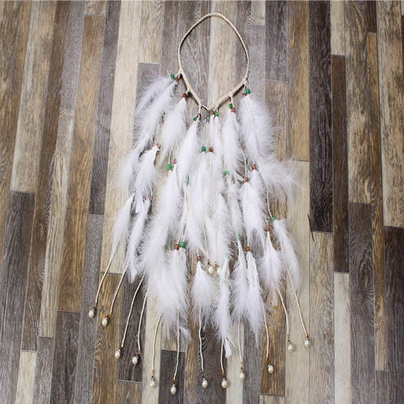 WLBON Feather Headband White Fake Pearl Hippie Indian Boho Hair Bands Tassel Bohemian Halloween Hair Hoop Women Crown Hairband Party Decoration Headdress Cosplay Costume Headwear Headpiece Hair Accessories - Image 4